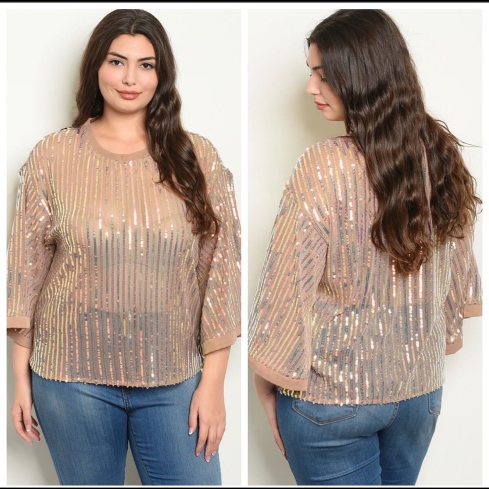 Plus Size Sequin Mocha Mesh Blouse